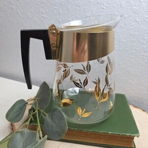 Vintage Douglas Flameproof Glass Carafe Gold Leaf Mid Century Modern Pitcher